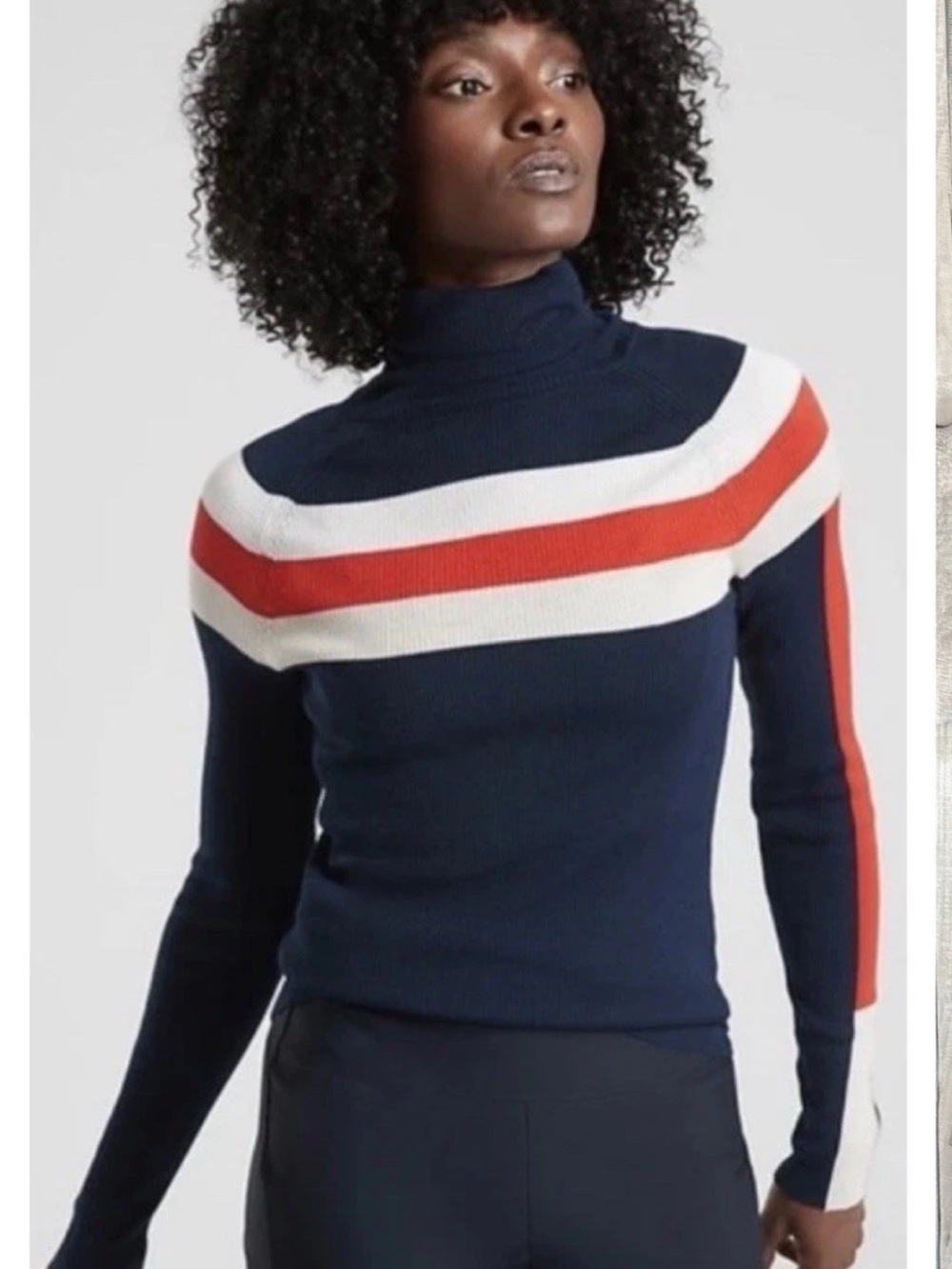 Athleta Navy, Red & White Striped Ribbed Turtleneck Sweater